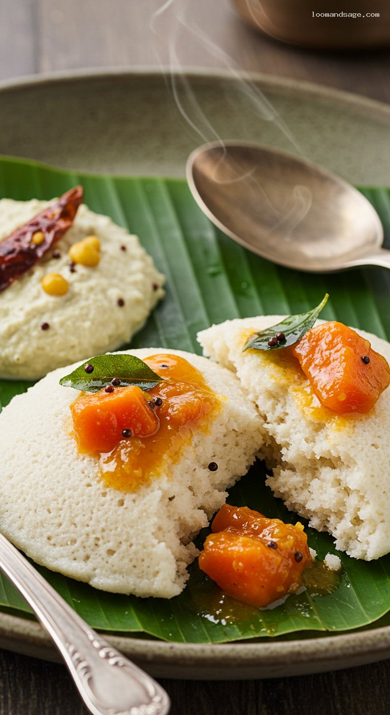 Fluffy Idli with Sambar and Coconut Chutney – Closeup