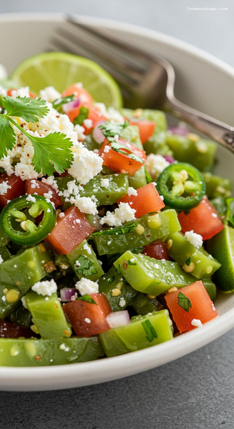 Fresh Nopal Cactus Salad with Lime and Queso Fresco – Closeup