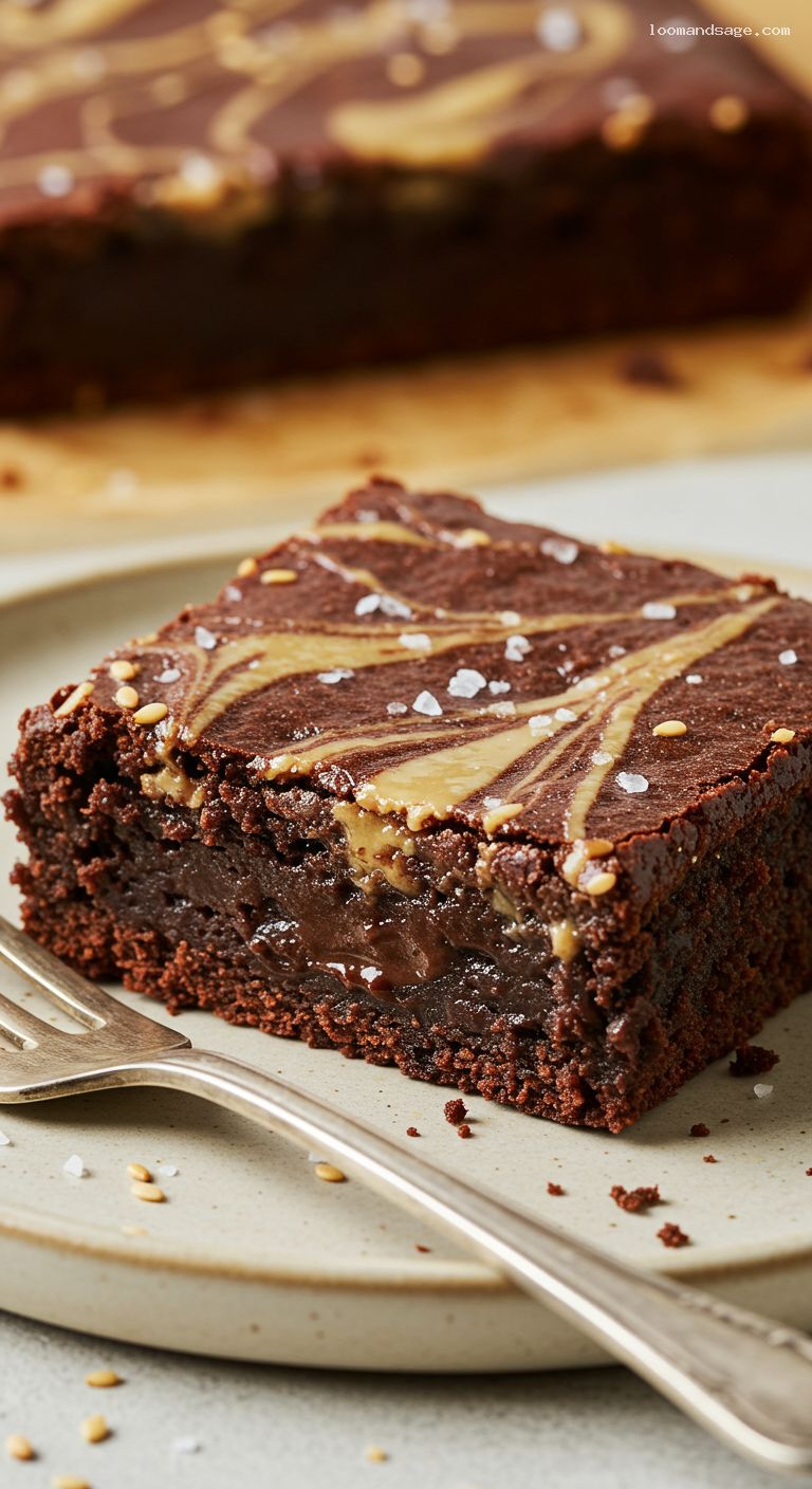 Fudgy Chocolate Tahini Swirl Brownies with Sea Salt – Closeup