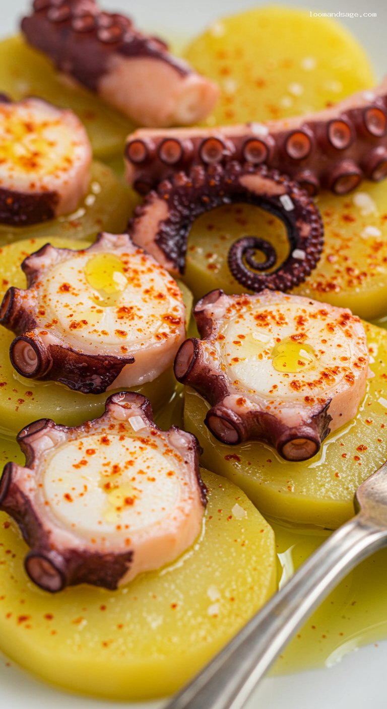 Galician-Style Octopus with Potatoes and Paprika – Closeup