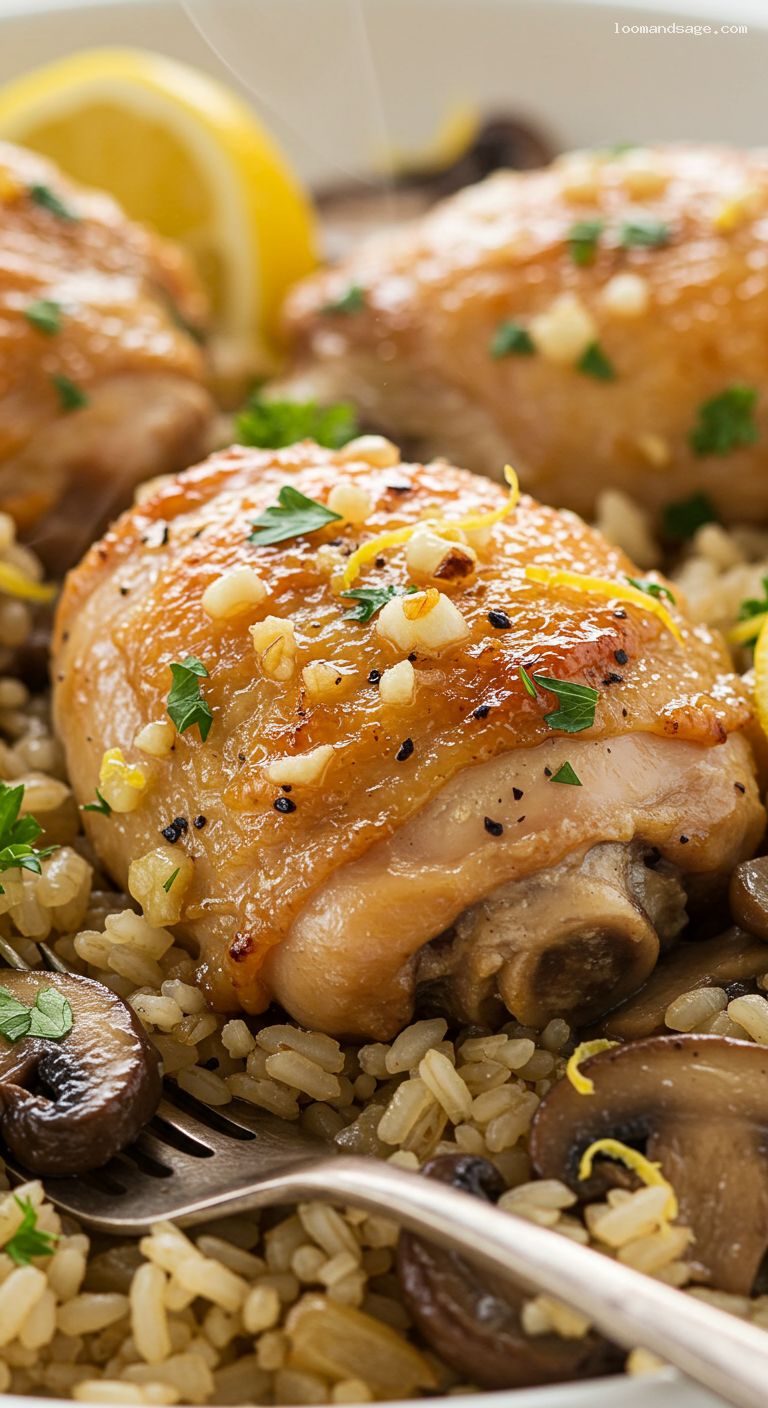 Garlic Butter Chicken and Mushroom Rice Bake – Closeup