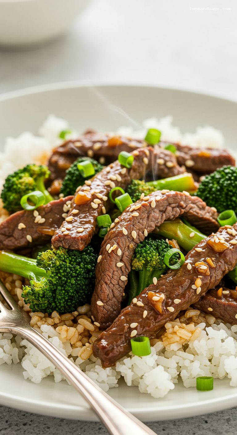 Garlic-Ginger Beef and Broccoli Stir-Fry with Rice – Closeup