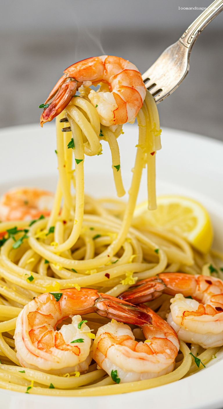 Garlic-Lemon Shrimp Scampi Linguine – Closeup
