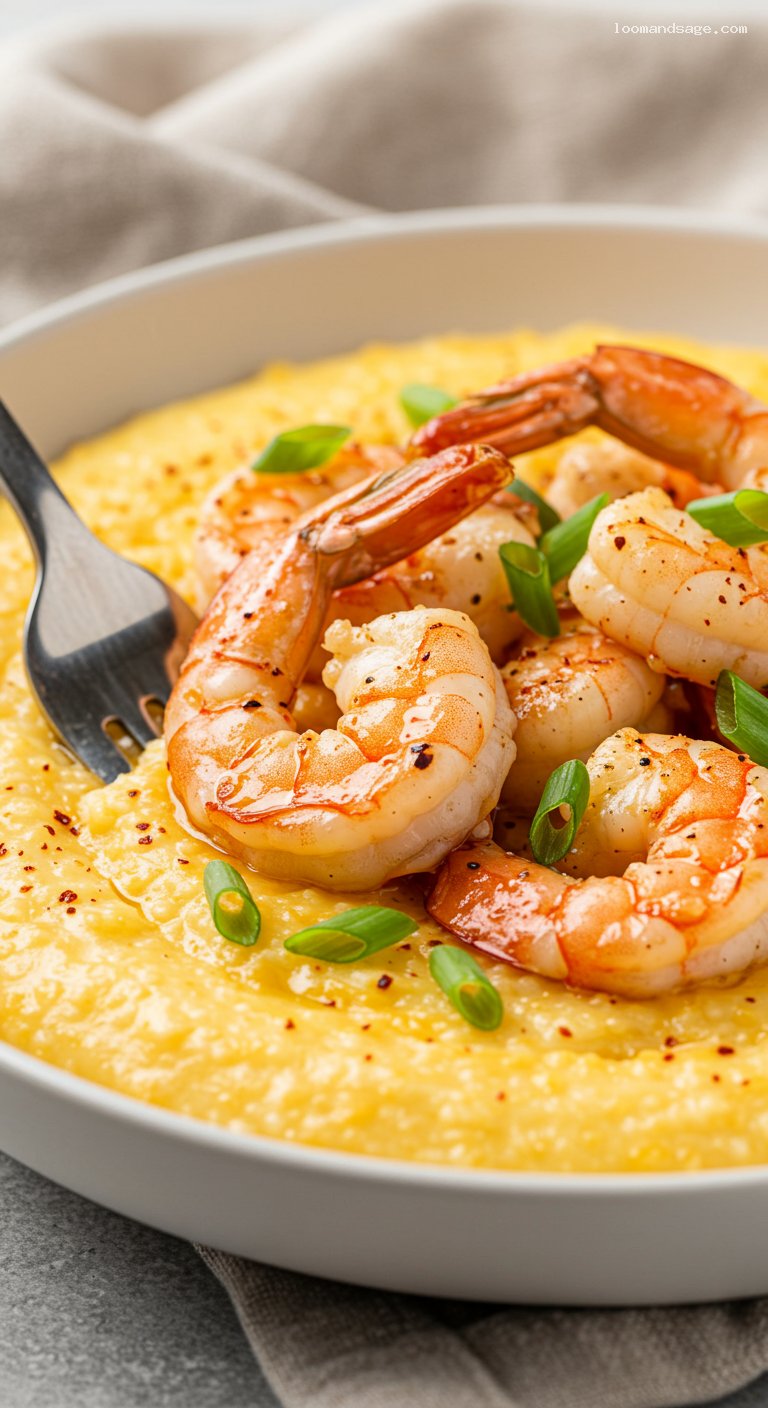 Garlic Shrimp with Creamy Cheddar Grits (Gluten-Free) – Closeup