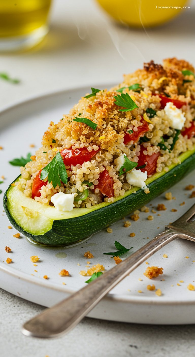 Garlicky Quinoa-Stuffed Zucchini Boats with Feta – Closeup