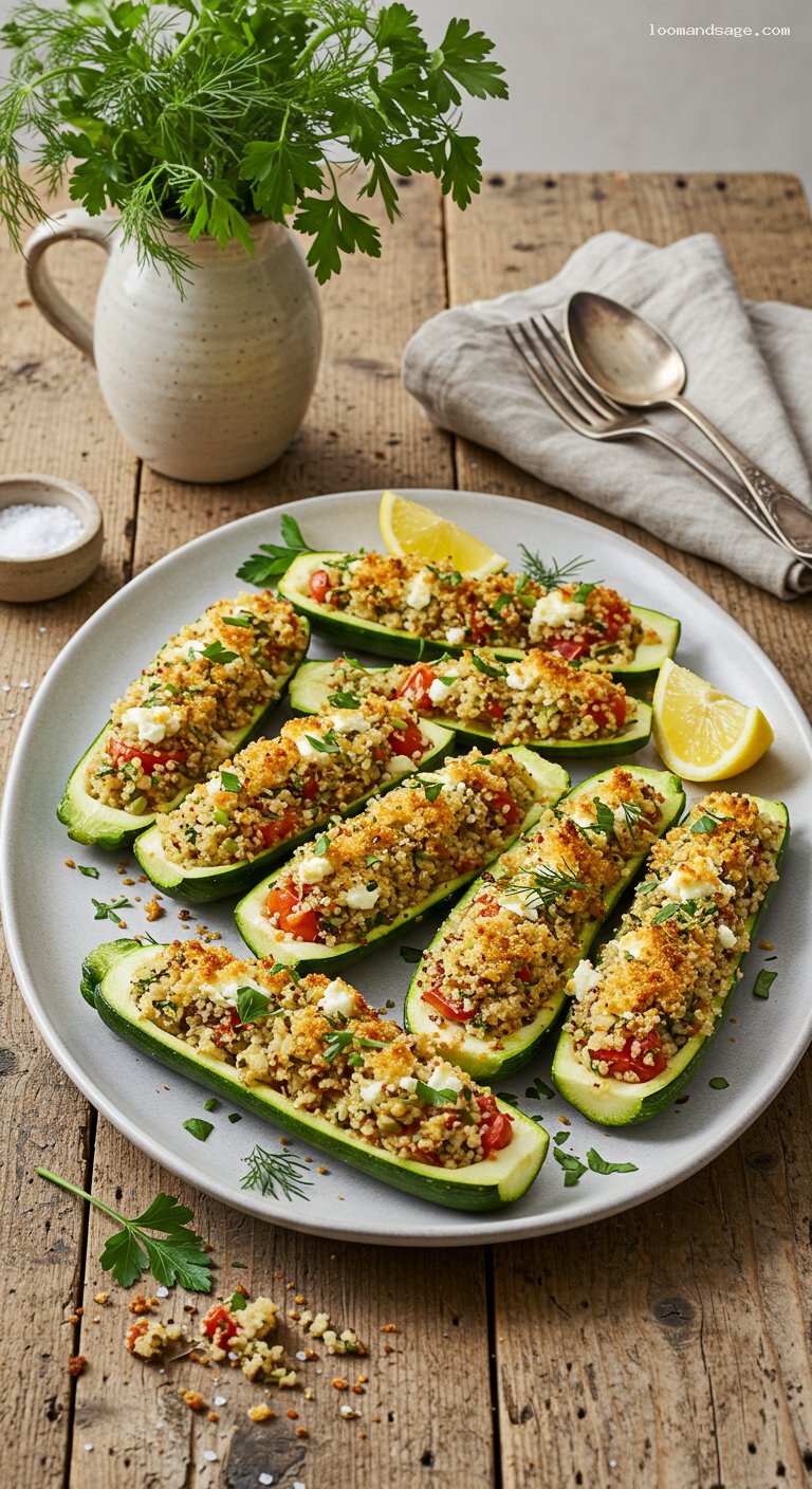 Garlicky Quinoa-Stuffed Zucchini Boats with Feta