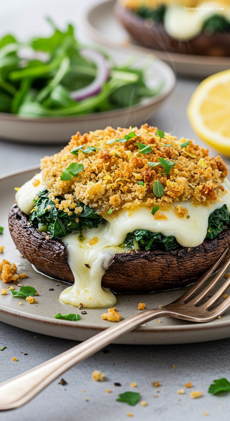 Garlicky Spinach Stuffed Portobello Mushrooms with Herbs and Cheese – Closeup