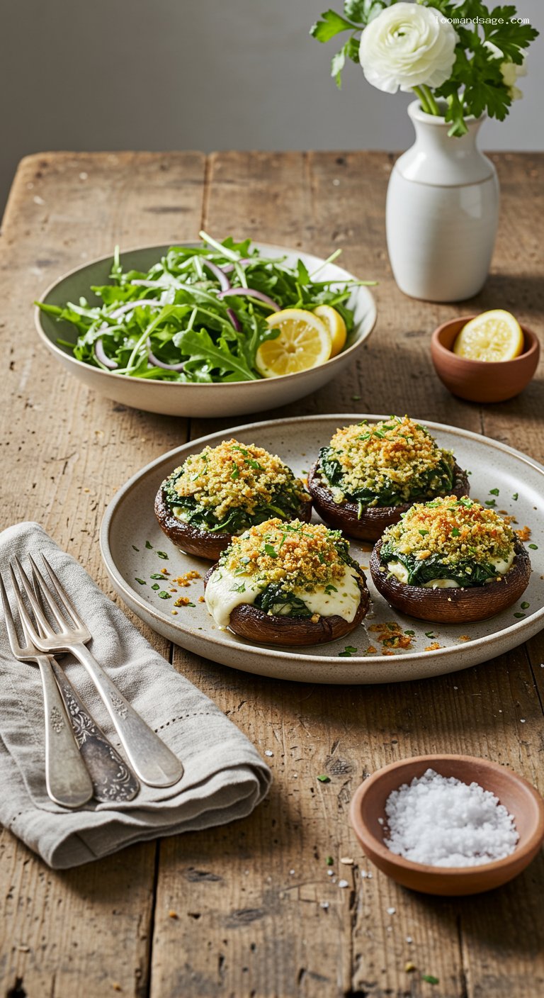 Garlicky Spinach Stuffed Portobello Mushrooms with Herbs and Cheese