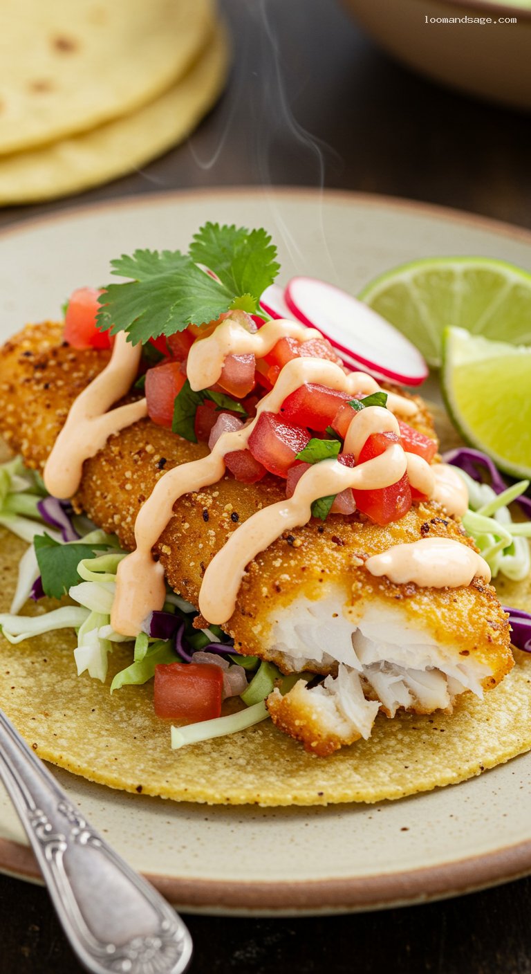 Gluten-Free Baja Fish Tacos with Chipotle Lime Sauce – Closeup