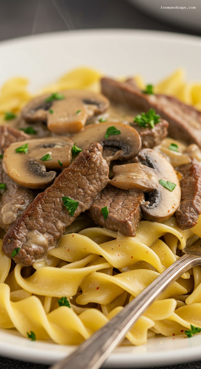 Gluten-Free Beef Stroganoff with Mushrooms – Closeup