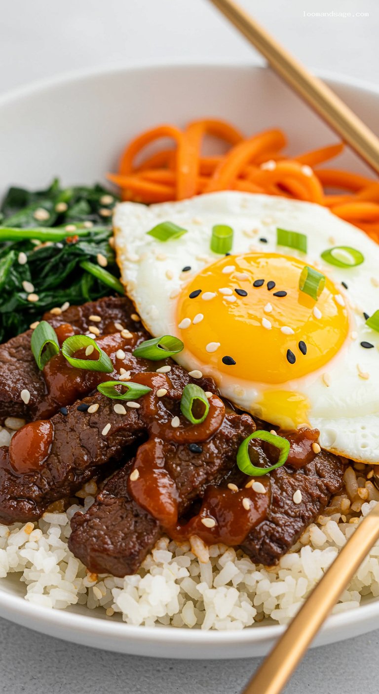 Gluten-Free Bibimbap Bowls with Crispy Beef or Mushrooms – Closeup