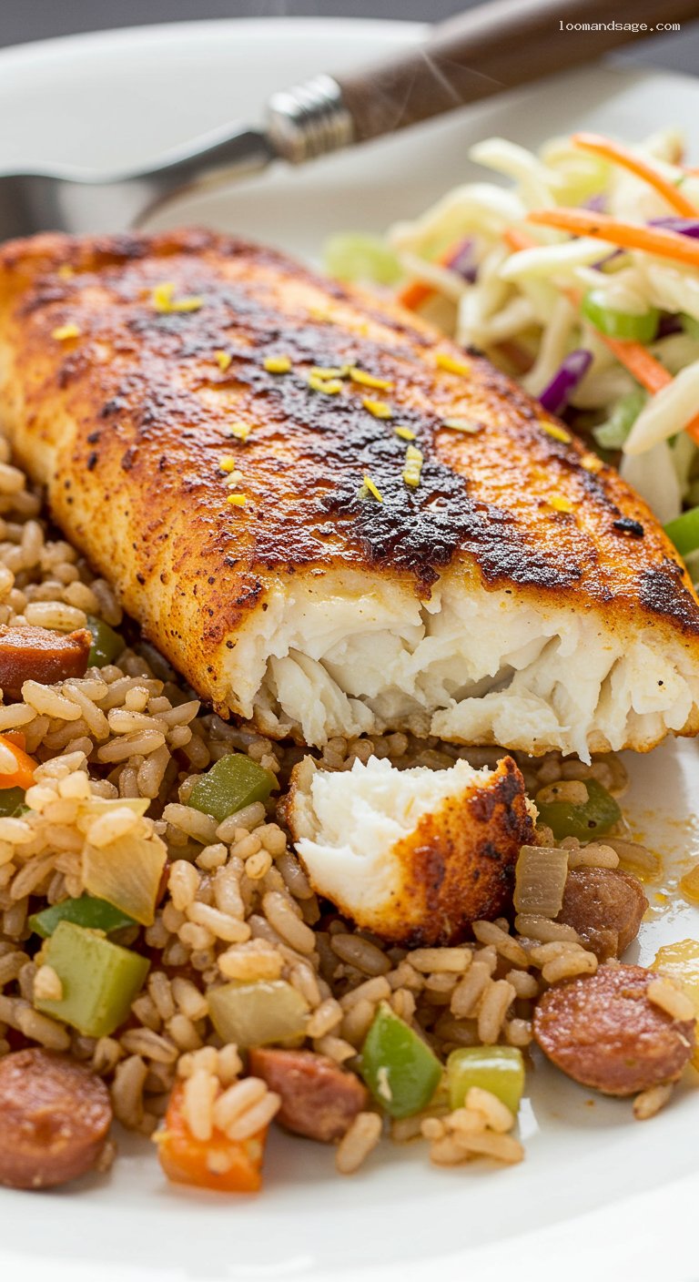 Gluten-Free Blackened Fish with Dirty Rice and Slaw – Closeup