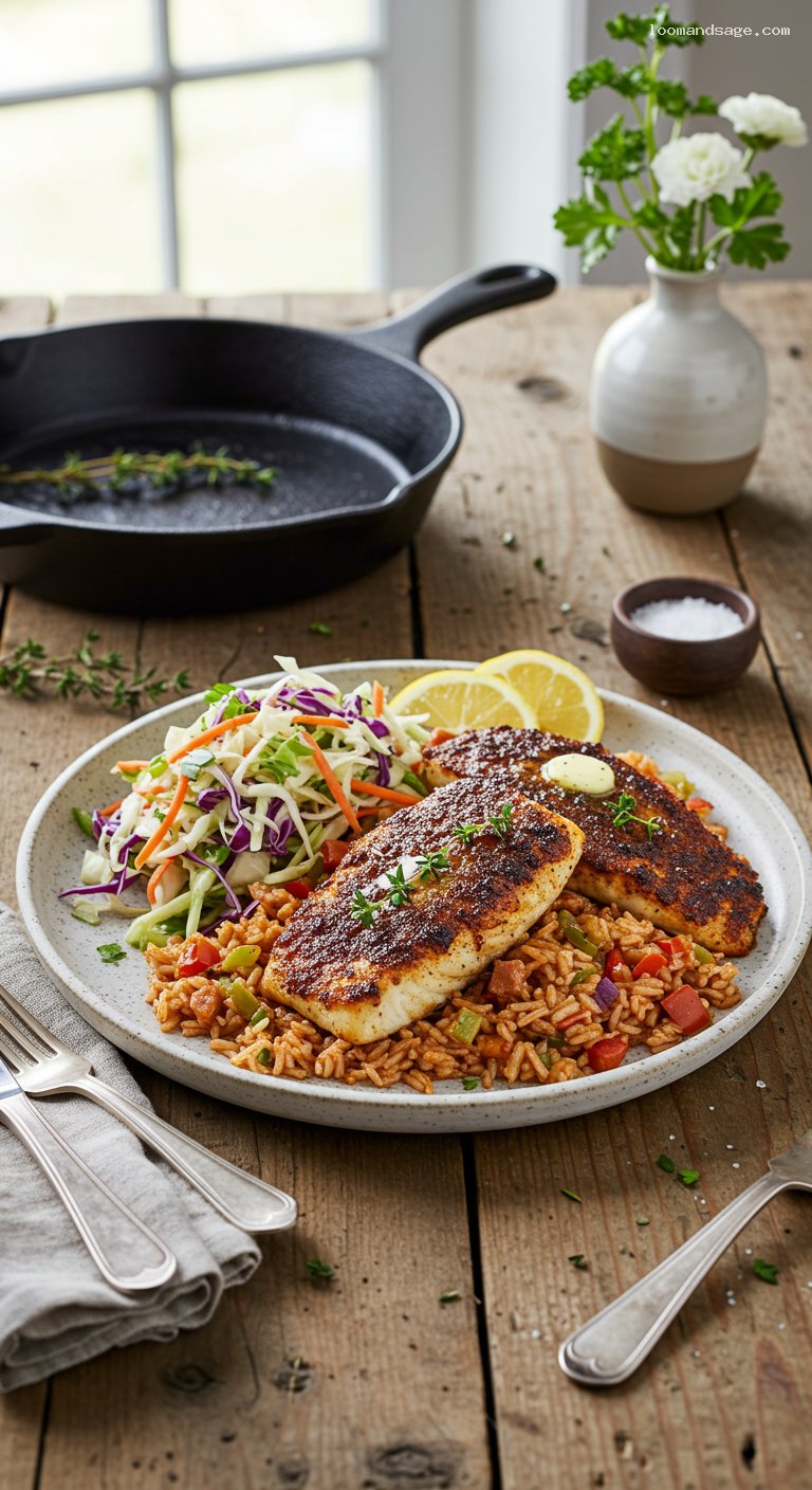 Gluten-Free Blackened Fish with Dirty Rice and Slaw