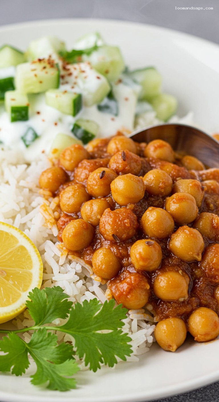 Gluten-Free Chana Masala with Basmati and Cucumber Salad – Closeup