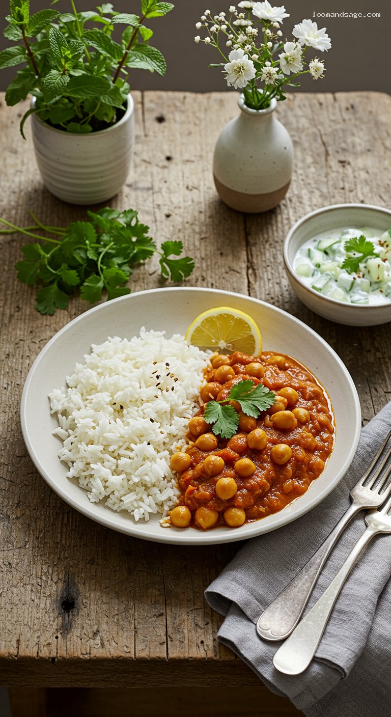 Gluten-Free Chana Masala with Basmati and Cucumber Salad