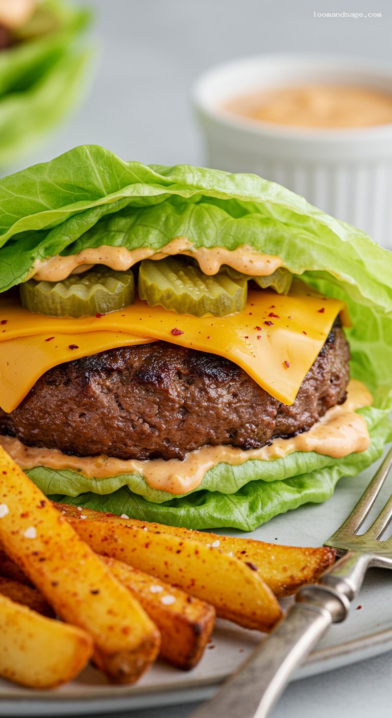 Gluten-Free Cheddar Cheeseburgers with Secret Sauce and Paprika Fries – Closeup