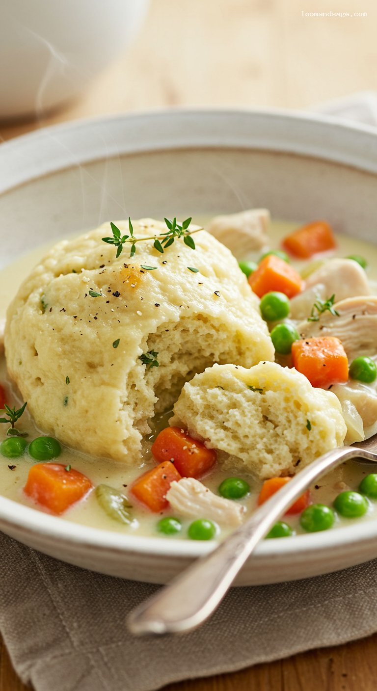 Gluten-Free Chicken and Dumplings with Thyme Stew – Closeup