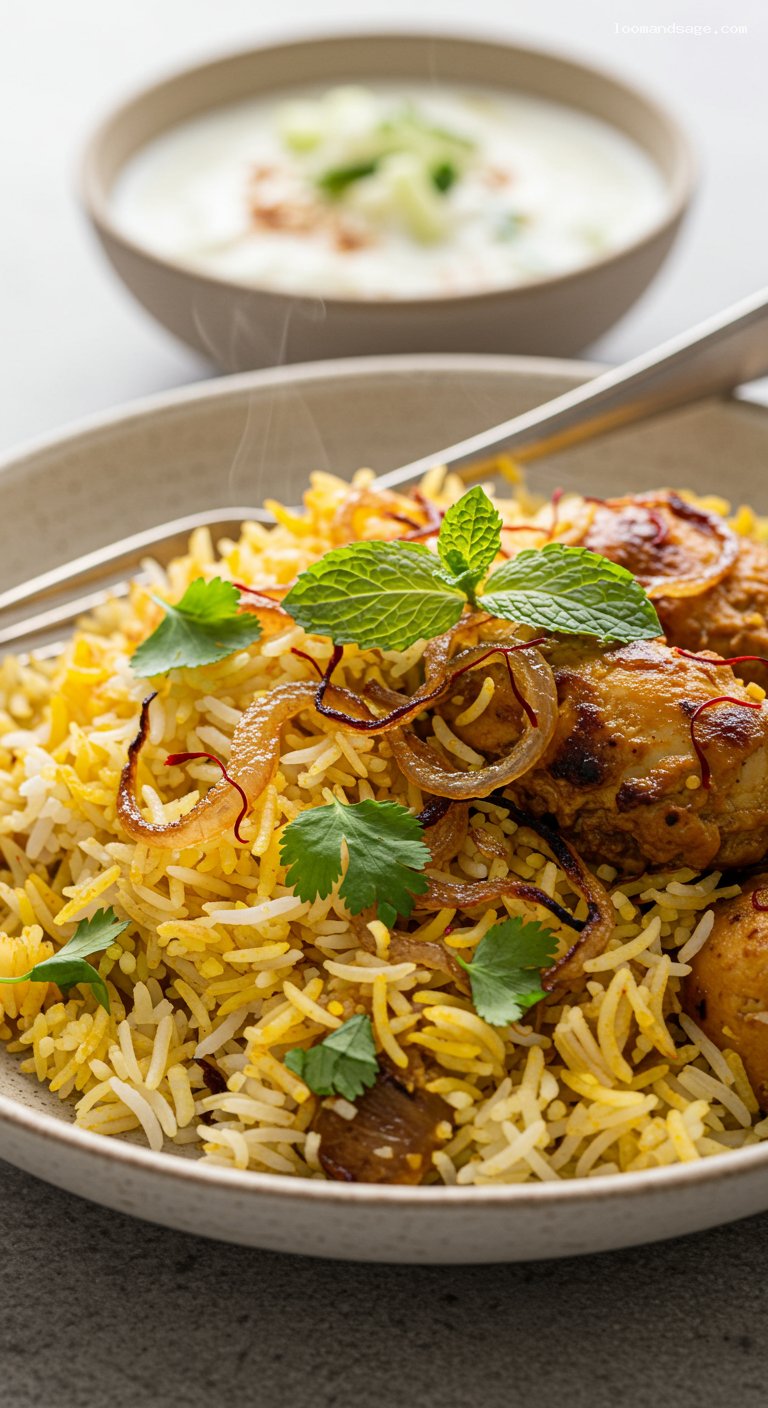 Gluten-Free Chicken Biryani with Saffron and Raita – Closeup