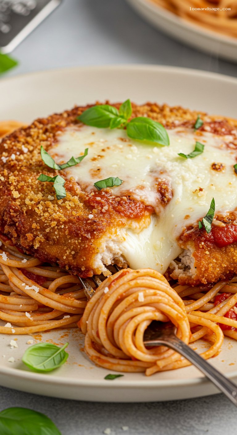 Gluten-Free Chicken Parmesan with Spaghetti – Closeup
