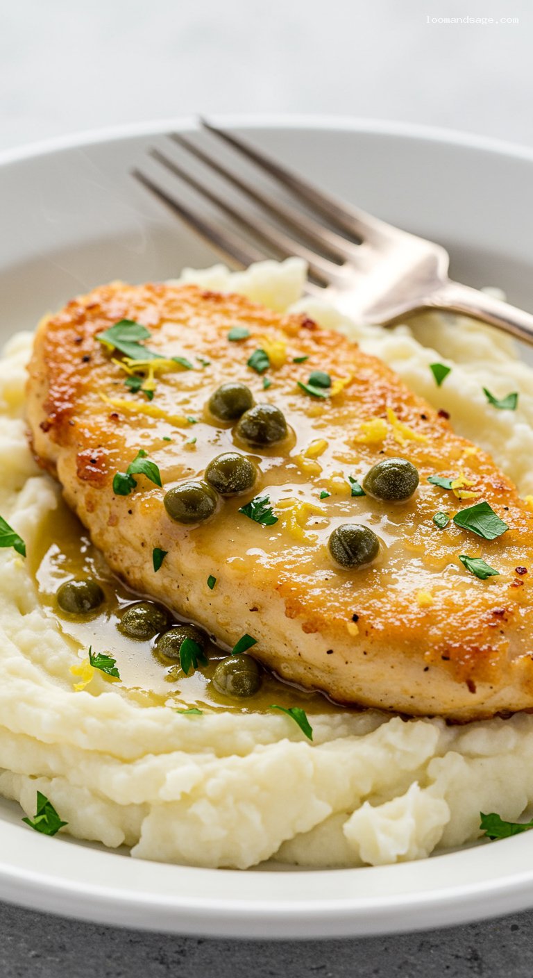Gluten-Free Chicken Piccata with Lemon Caper Butter over Mashed Potatoes – Closeup