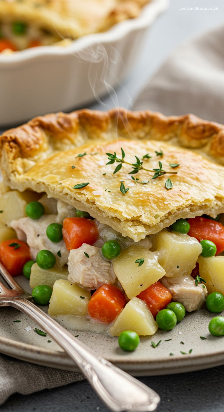 Gluten-Free Chicken Pot Pie with Thyme Gravy – Closeup