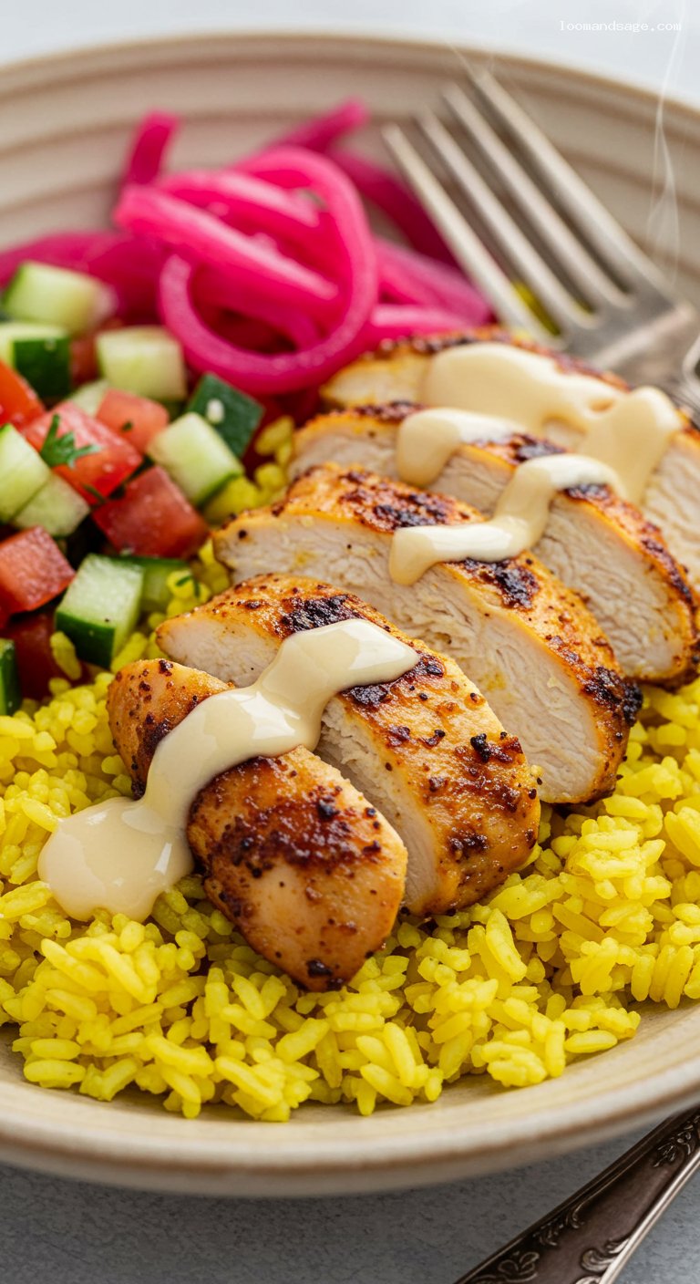 Gluten-Free Chicken Shawarma Bowls with Turmeric Rice – Closeup