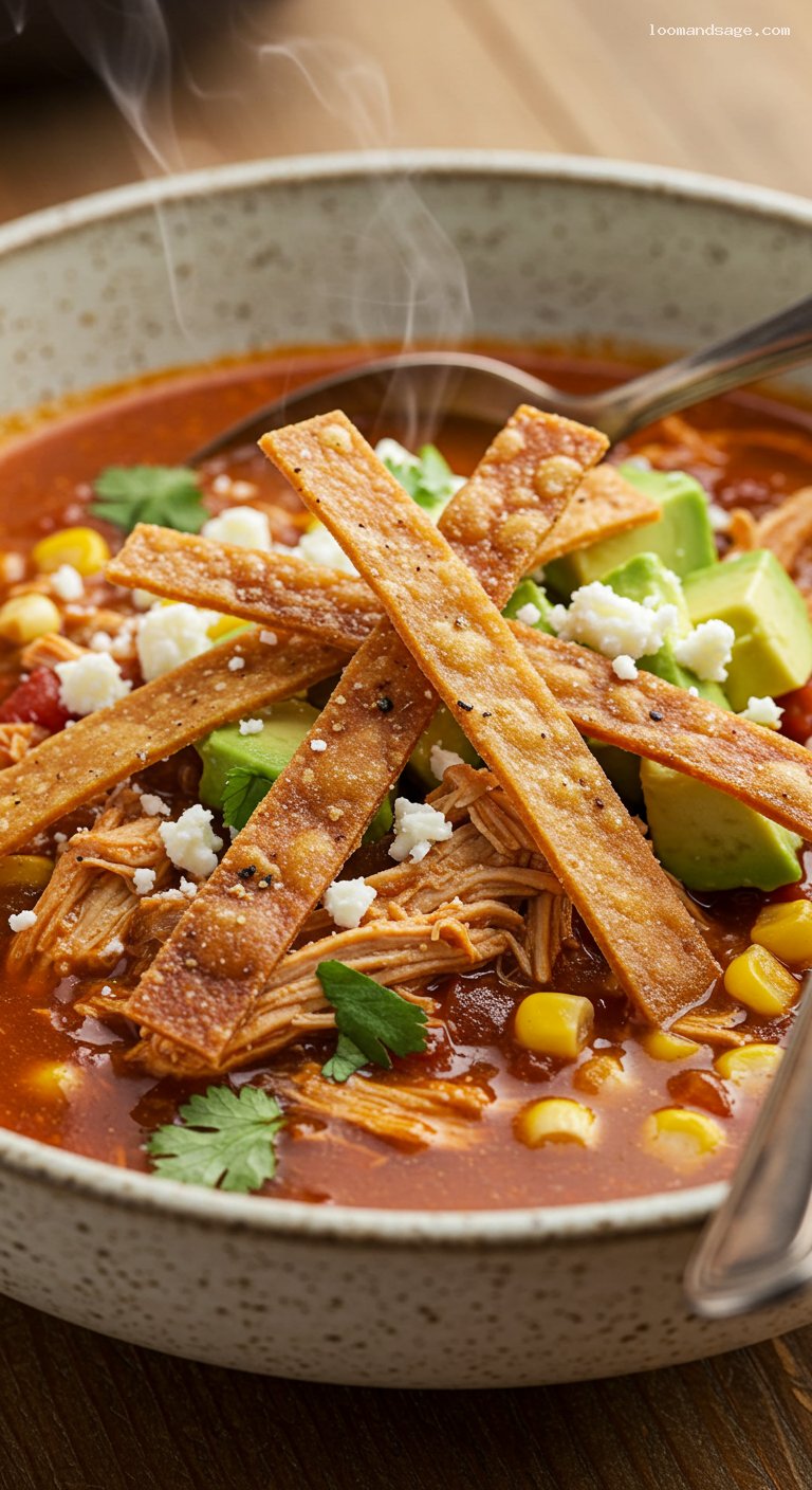Gluten-Free Chicken Tortilla Soup with Ancho Chili and Corn – Closeup