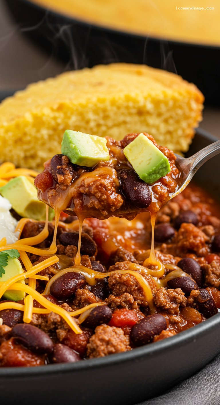 Gluten-Free Chipotle Beef and Bean Chili with Skillet Cornbread – Closeup