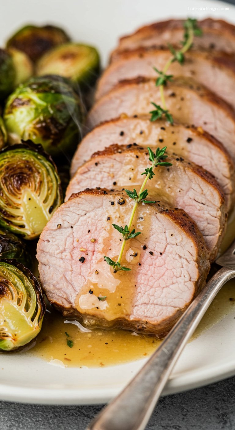 Gluten-Free Cider-Glazed Pork Tenderloin with Brussels Sprouts – Closeup