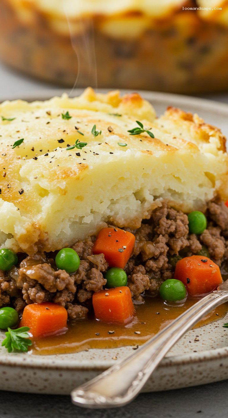 Gluten-Free Cottage-Style Shepherd’s Pie with Cornstarch Gravy – Closeup