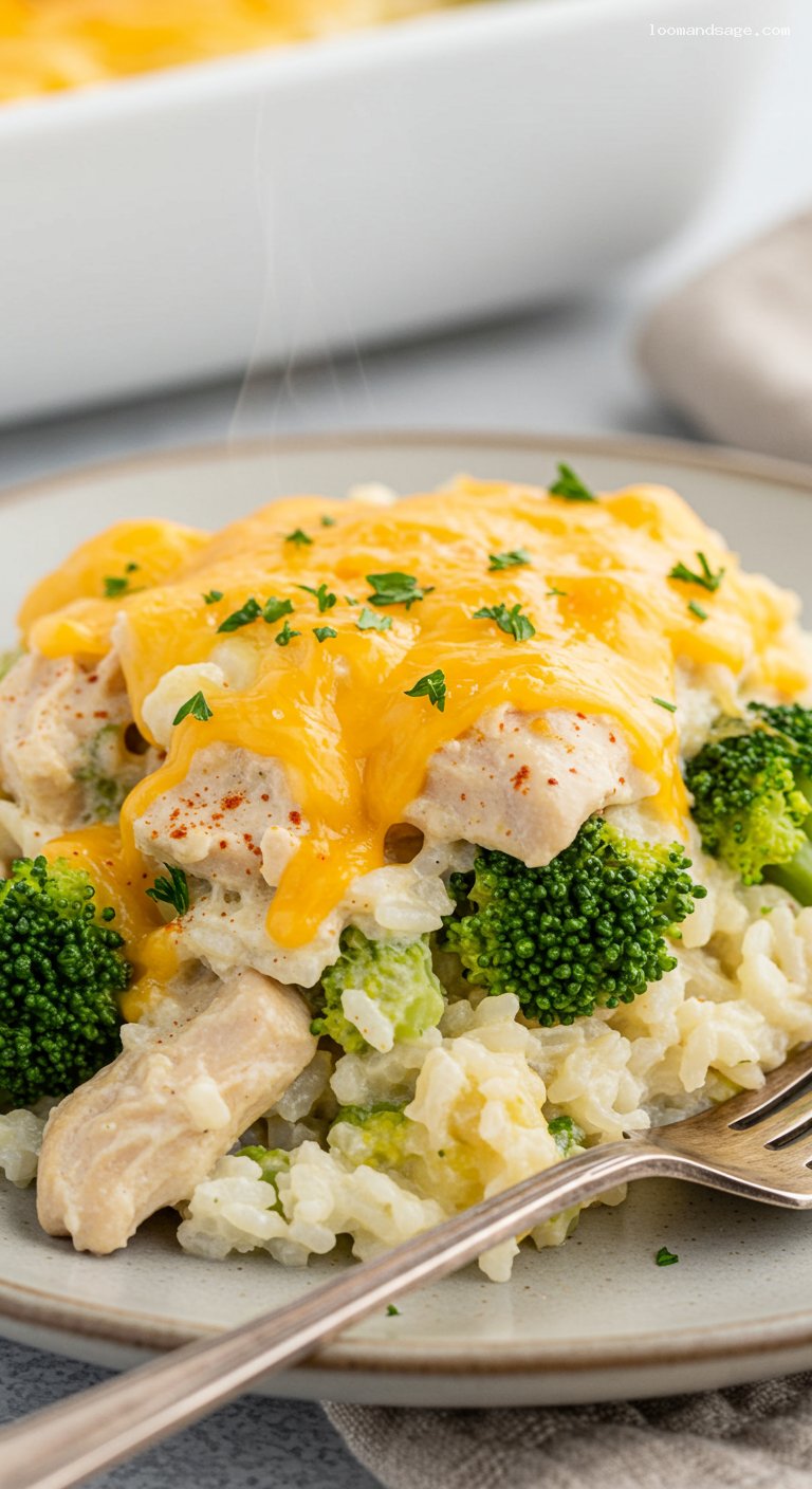 Gluten-Free Creamy Chicken and Rice Bake with Broccoli – Closeup