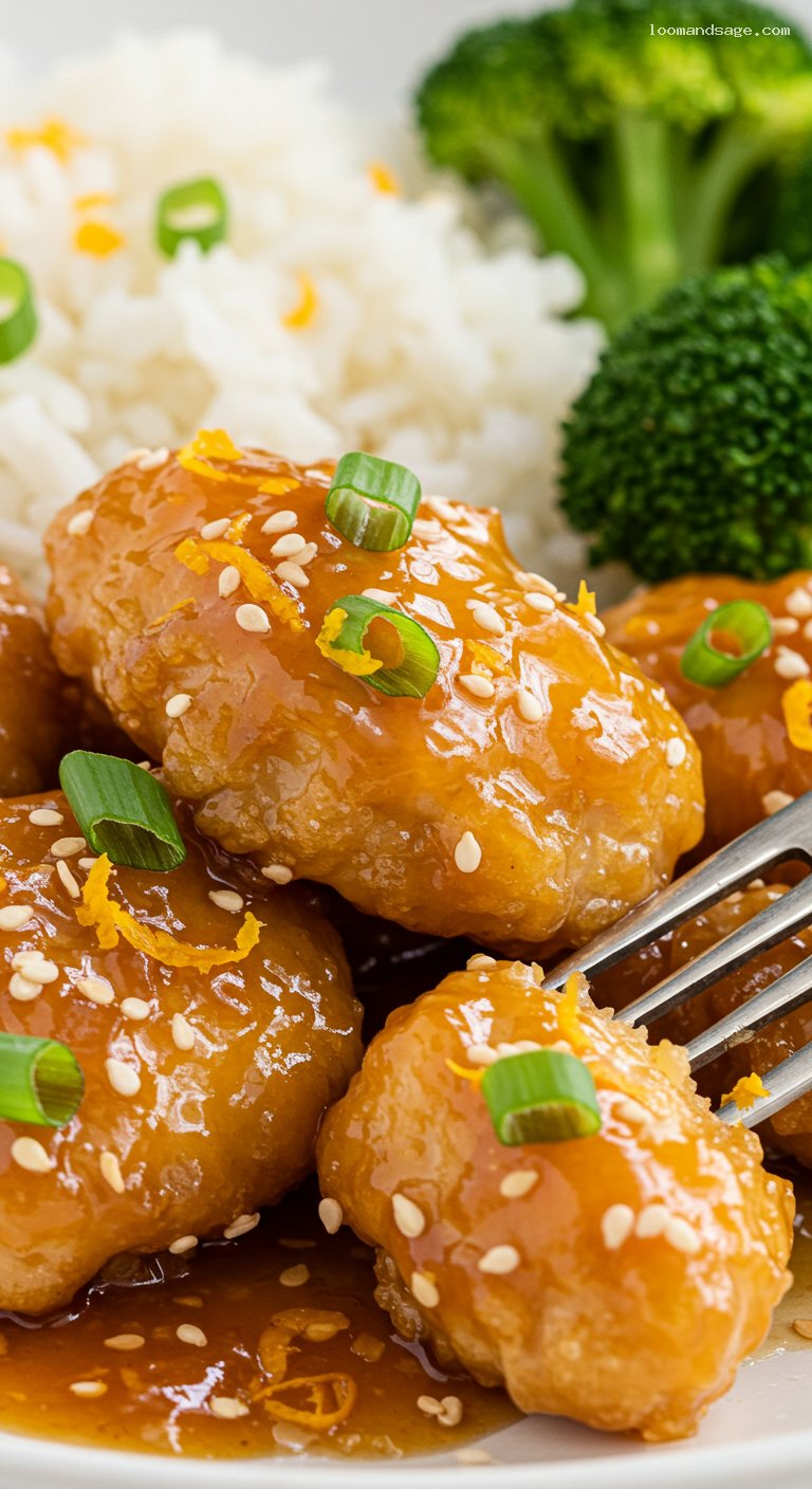Gluten-Free Crispy Orange Chicken with Broccoli and Rice – Closeup