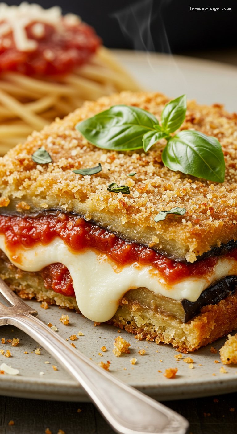 Gluten-Free Eggplant Parmesan with Marinara and Mozzarella – Closeup