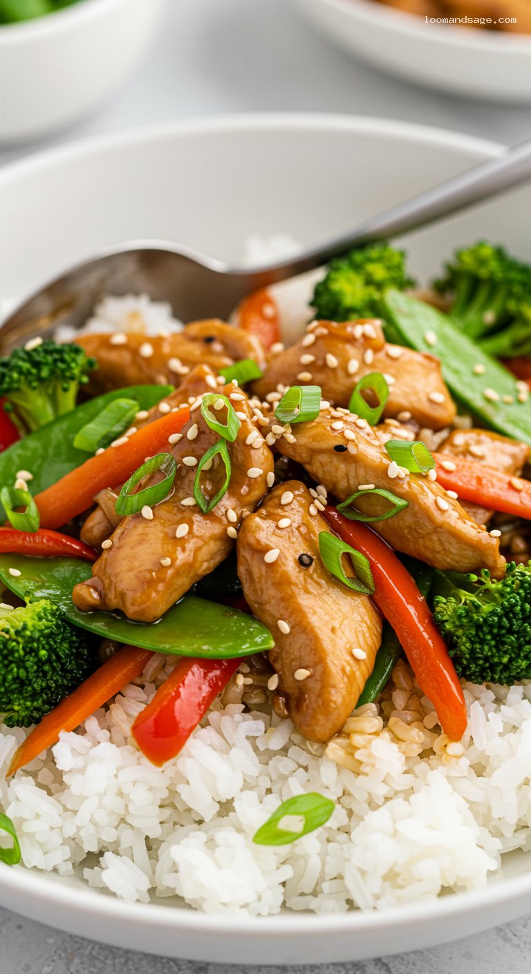 Gluten-Free Ginger-Garlic Chicken Stir-Fry with Rice – Closeup