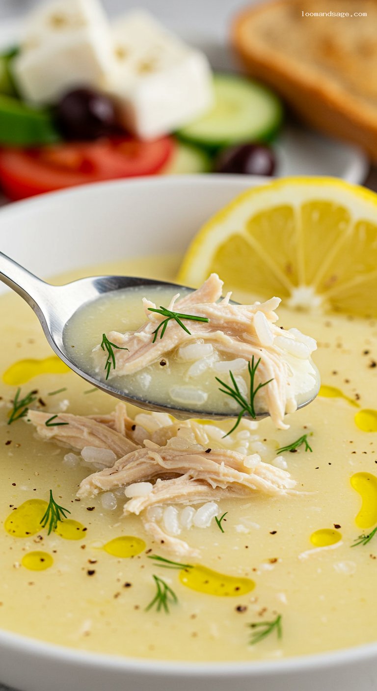 Gluten-Free Greek Avgolemono Chicken Soup with Rice and Dill – Closeup