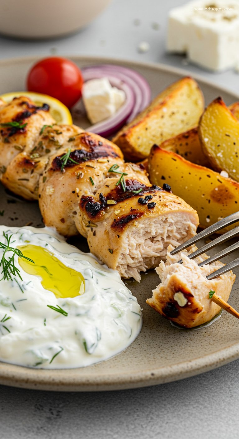 Gluten-Free Greek Chicken Souvlaki with Tzatziki and Potatoes – Closeup