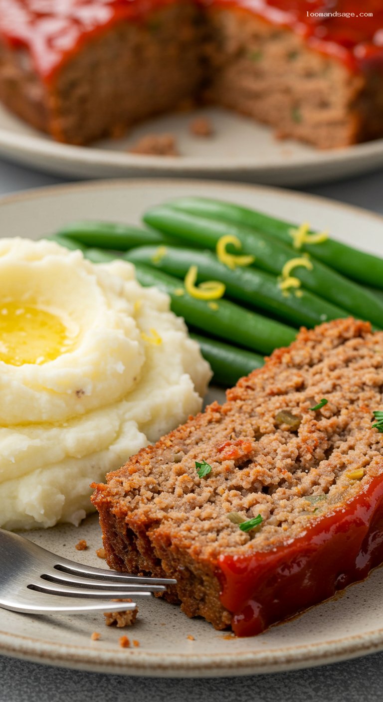 Gluten-Free Homestyle Meatloaf with Mashed Potatoes and Green Beans – Closeup