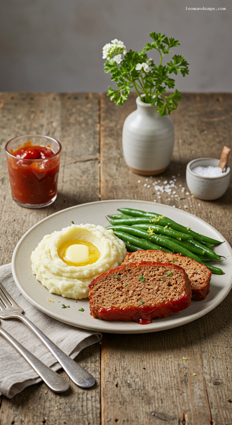 Gluten-Free Homestyle Meatloaf with Mashed Potatoes and Green Beans