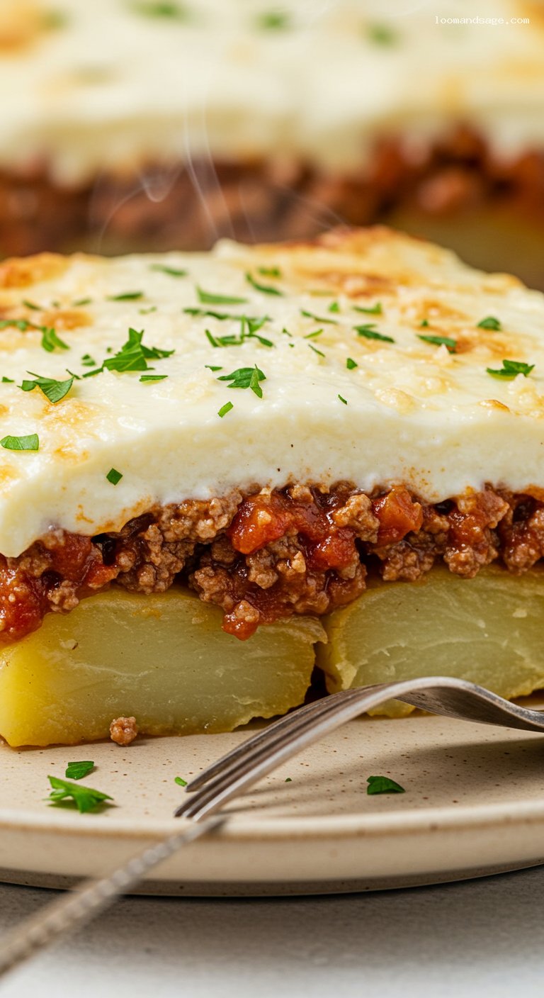 Gluten-Free Homestyle Moussaka with Silky Béchamel – Closeup