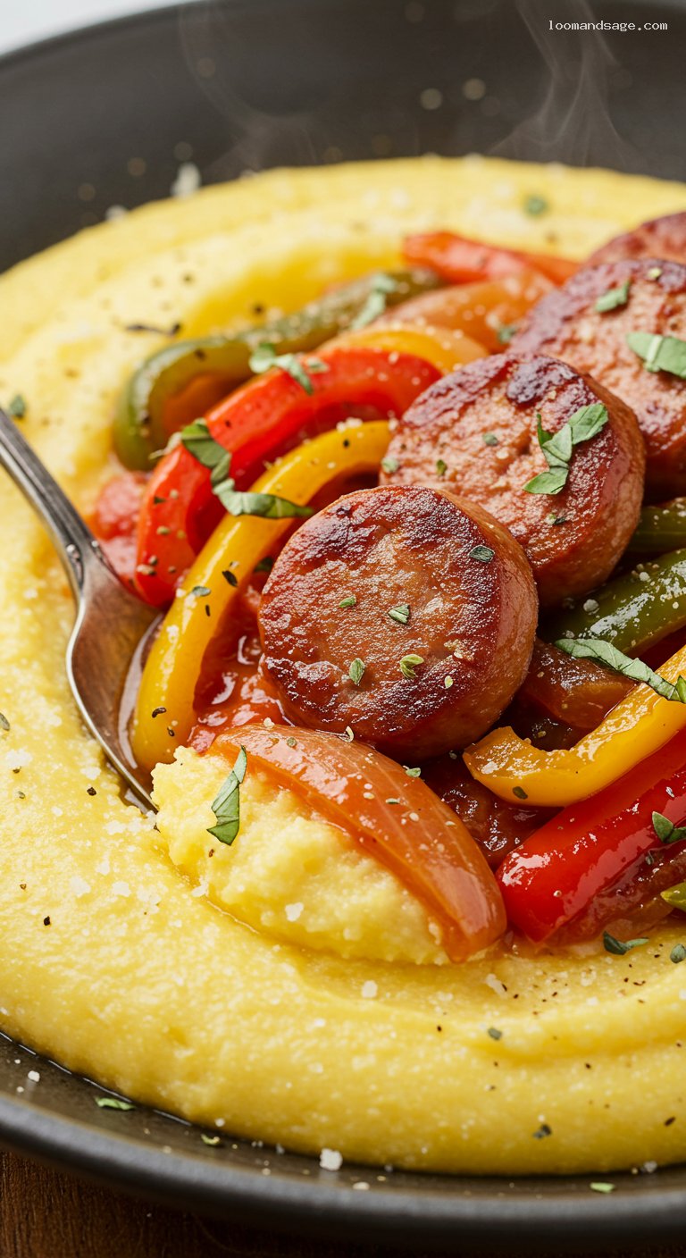 Gluten-Free Italian Sausage and Peppers over Polenta – Closeup
