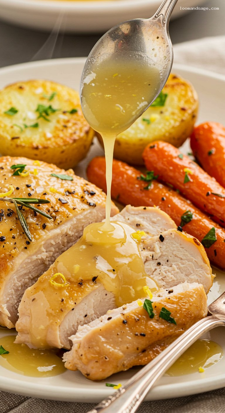 Gluten-Free Lemon Herb Roast Chicken with Crispy Potatoes and Carrots – Closeup