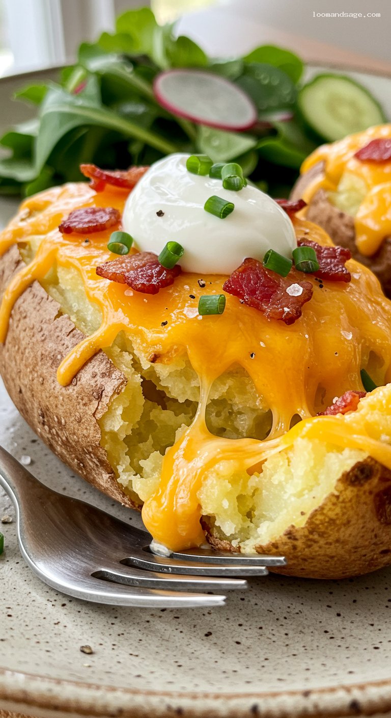 Gluten-Free Loaded Twice-Baked Potatoes with Salad – Closeup