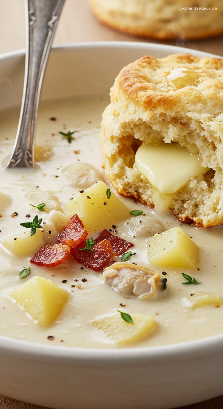 Gluten-Free New England Clam Chowder with Bacon and Thyme – Closeup