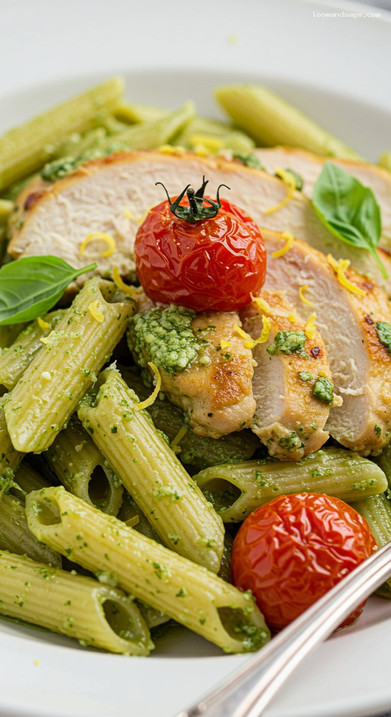 Gluten-Free Pesto Chicken Penne with Cherry Tomatoes – Closeup
