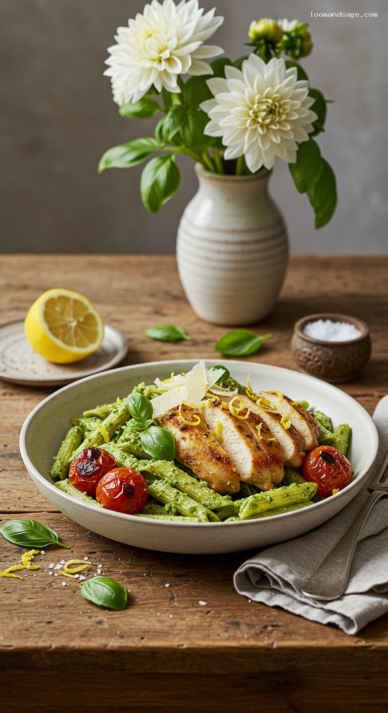 Gluten-Free Pesto Chicken Penne with Cherry Tomatoes