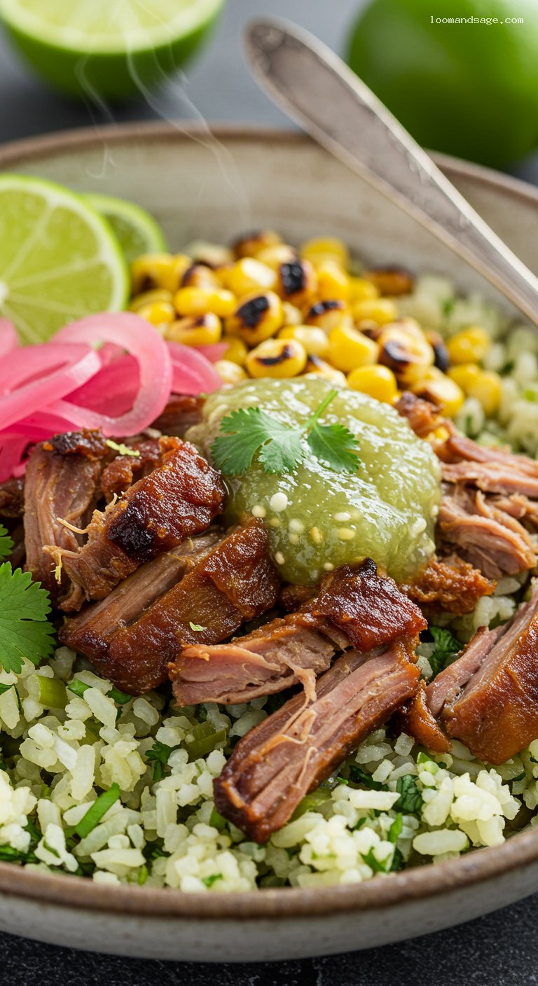 Gluten-Free Pork Carnitas Rice Bowls with Cilantro-Lime Rice – Closeup