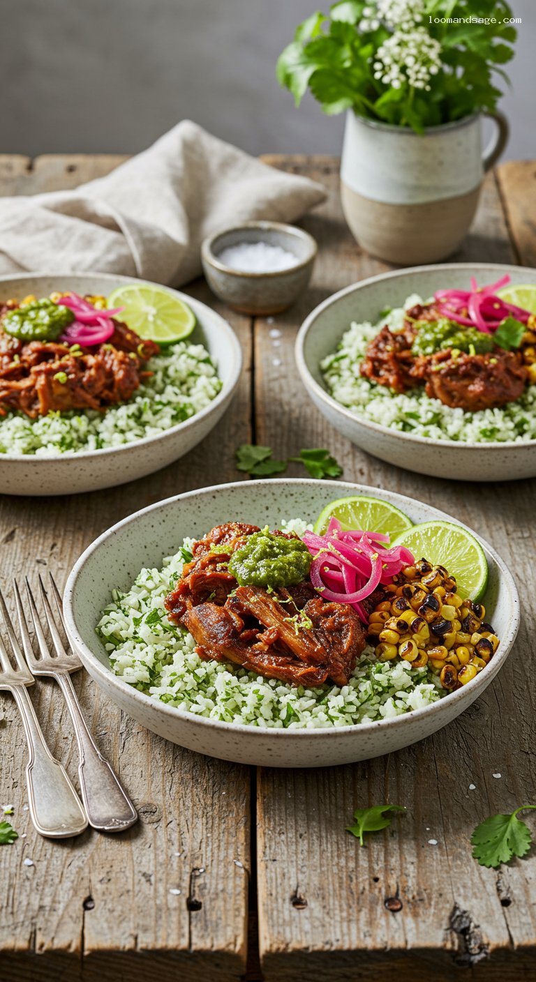 Gluten-Free Pork Carnitas Rice Bowls with Cilantro-Lime Rice
