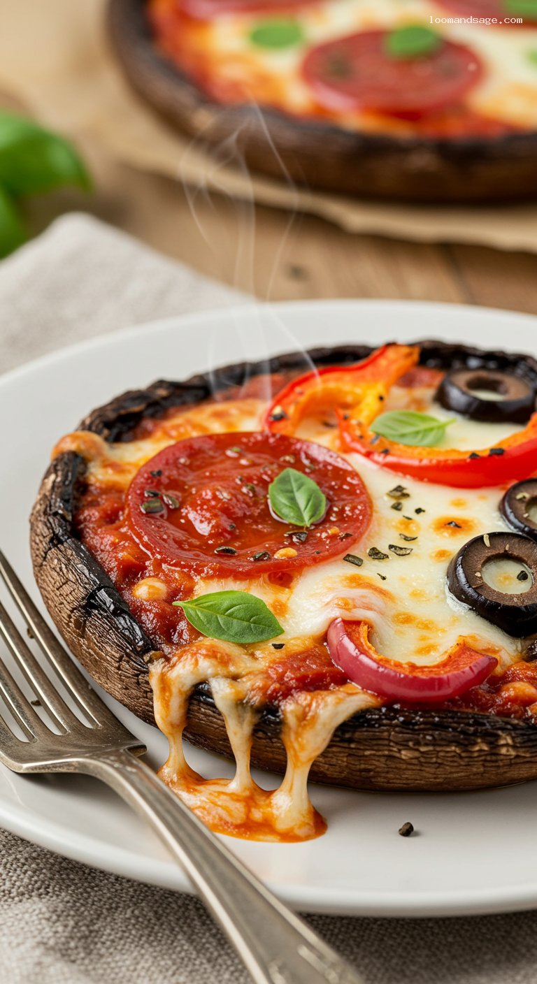 Gluten-Free Portobello Pizza Caps with Mozzarella and Basil – Closeup