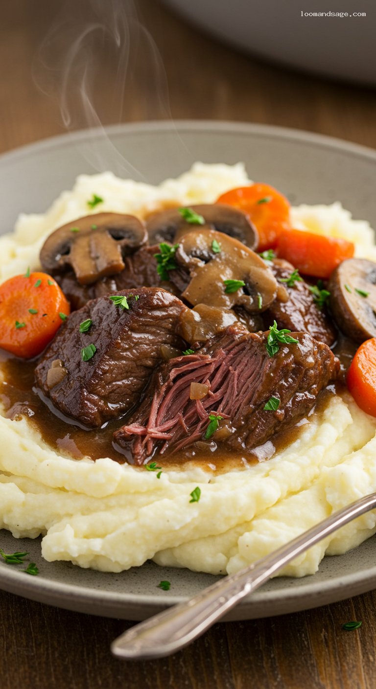 Gluten-Free Red Wine Beef Stew Over Mash – Closeup
