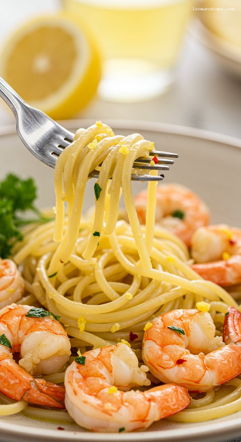 Gluten-Free Shrimp Scampi with Lemon and Parsley – Closeup